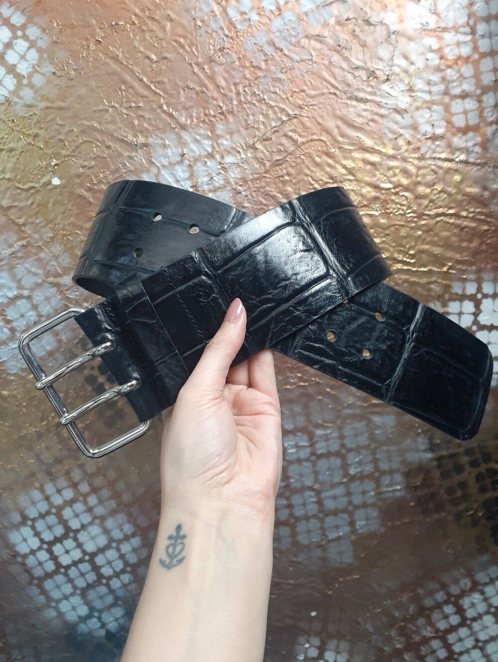 Zara Black Croc-Embossed Wide Leather Belt with Double-Prong Buckle